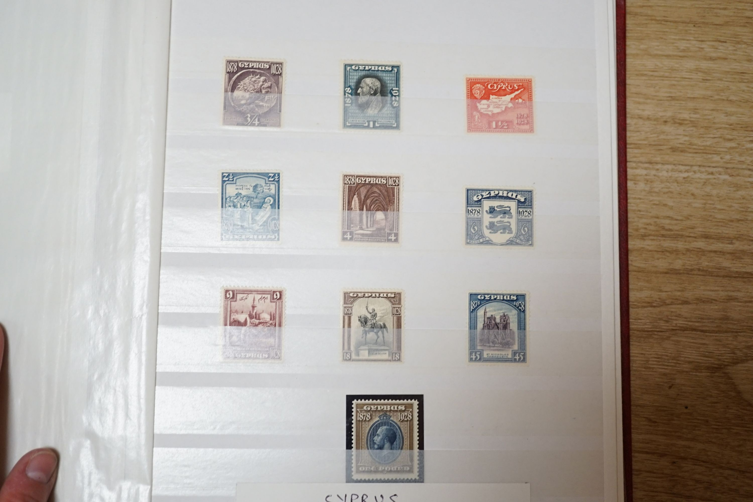 British Commonwealth stamps in stock book with Ascension 1922 set overprinted specimen, 1924 set mint, Bahamas, Barbados Britannia Heads, Cyprus 1928 anniversary set- £1 mint, Falkland 1s. 1878 1d claret mint (and certif